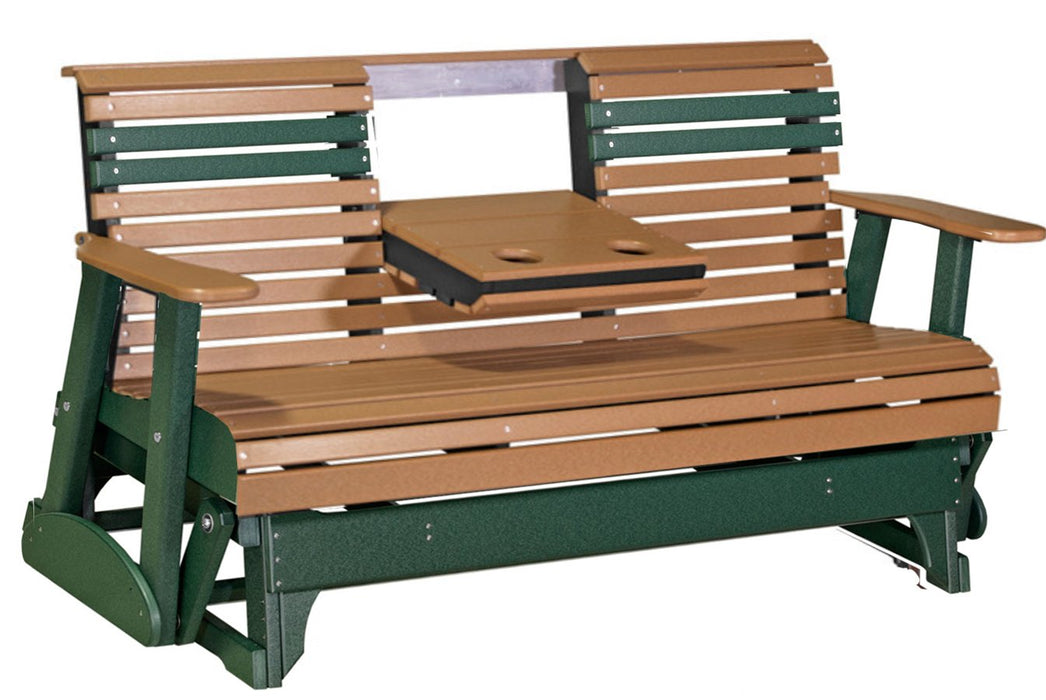 LuxCraft LuxCraft 5 foot Rollback Recycled Plastic Outdoor Glider With Cup Holder Green On Cedar Rollback Glider 5PPGC