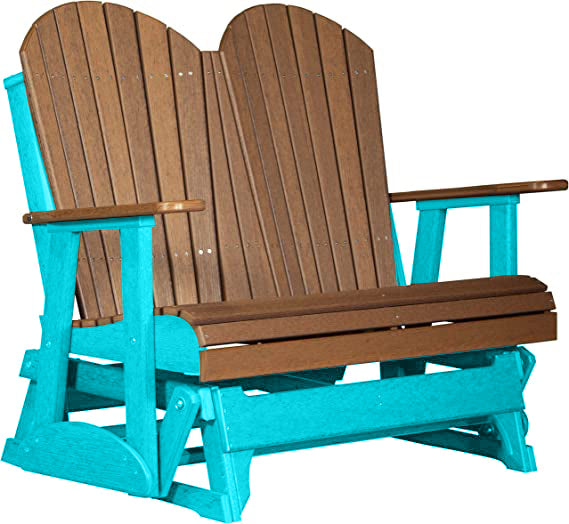 LuxCraft LuxCraft Antique Mahogany 4 ft. Recycled Plastic Adirondack Outdoor Glider With Cup Holder Antique Mahogany on Aruba Blue Adirondack Glider 4APGAMAB-CH