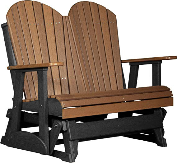 LuxCraft LuxCraft Antique Mahogany 4 ft. Recycled Plastic Adirondack Outdoor Glider With Cup Holder Antique Mahogany on Black Adirondack Glider 4APGAMB-CH