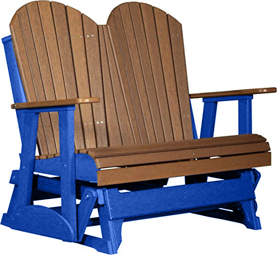 LuxCraft LuxCraft Antique Mahogany 4 ft. Recycled Plastic Adirondack Outdoor Glider With Cup Holder Antique Mahogany on Blue Adirondack Glider 4APGAMBL-CH