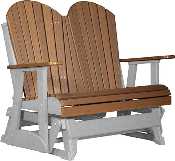 LuxCraft LuxCraft Antique Mahogany 4 ft. Recycled Plastic Adirondack Outdoor Glider With Cup Holder Antique Mahogany on Dove Gray Adirondack Glider 4APGAMDG-CH