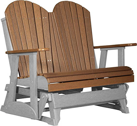 LuxCraft LuxCraft Antique Mahogany 4 ft. Recycled Plastic Adirondack Outdoor Glider With Cup Holder Antique Mahogany on Gray Adirondack Glider 4APGAMGR-CH
