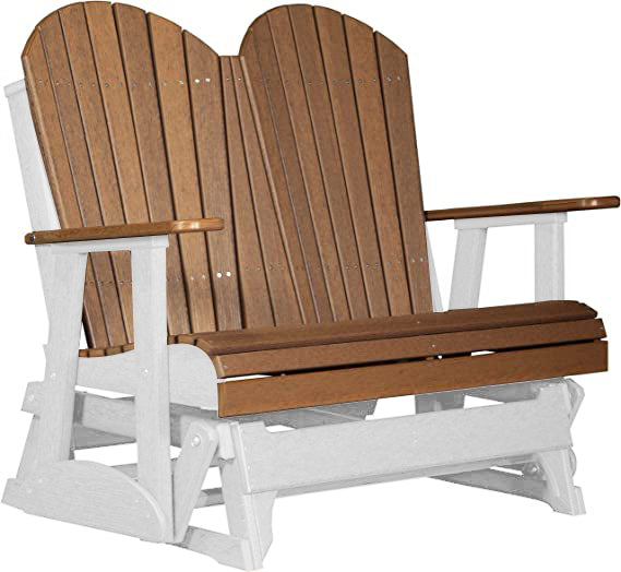 LuxCraft LuxCraft Antique Mahogany 4 ft. Recycled Plastic Adirondack Outdoor Glider With Cup Holder Antique Mahogany on White Adirondack Glider 4APGAMWH-CH