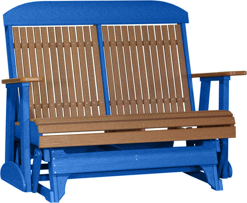LuxCraft LuxCraft Antique Mahogany 4 ft. Recycled Plastic Highback Outdoor Glider Bench Antique Mahogany on Blue Highback Glider 4CPGAMBL