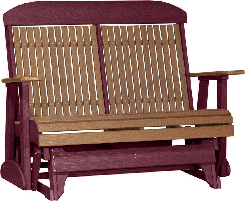 LuxCraft LuxCraft Antique Mahogany 4 ft. Recycled Plastic Highback Outdoor Glider Bench With Cup Holder Antique Mahogany Cherrywood Highback Glider