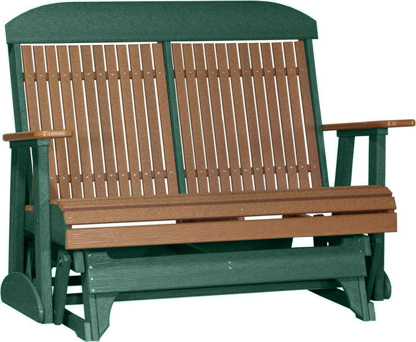 LuxCraft LuxCraft Antique Mahogany 4 ft. Recycled Plastic Highback Outdoor Glider Bench With Cup Holder Antique Mahogany Green Highback Glider