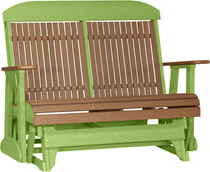 LuxCraft LuxCraft Antique Mahogany 4 ft. Recycled Plastic Highback Outdoor Glider Bench With Cup Holder Antique Mahogany Lime Green Highback Glider