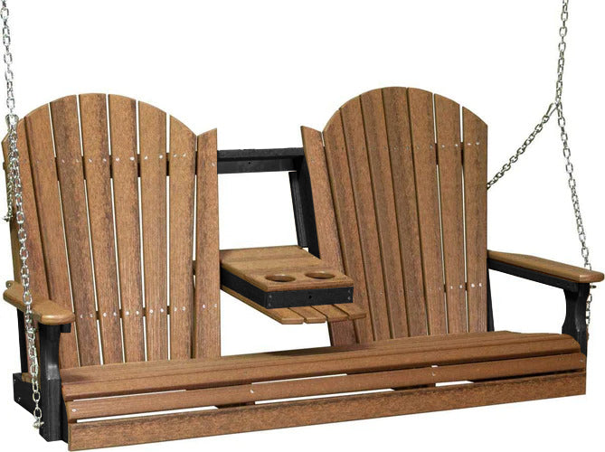 LuxCraft LuxCraft Antique Mahogany Adirondack 5ft. Recycled Plastic Porch Swing With Cup Holder Antique Mahogany on Black / Adirondack Porch Swing Porch Swing 5APSAMB