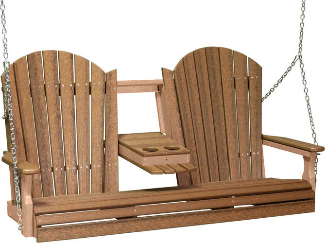 LuxCraft LuxCraft Antique Mahogany Adirondack 5ft. Recycled Plastic Porch Swing With Cup Holder Antique Mahogany on Cedar / Adirondack Porch Swing Porch Swing 5APSAMC