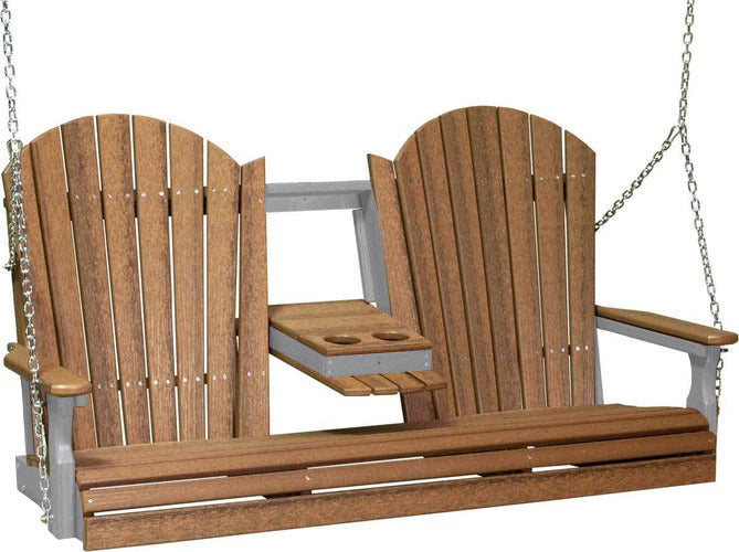 LuxCraft LuxCraft Antique Mahogany Adirondack 5ft. Recycled Plastic Porch Swing With Cup Holder Antique Mahogany on Dove Gray / Adirondack Porch Swing Porch Swing