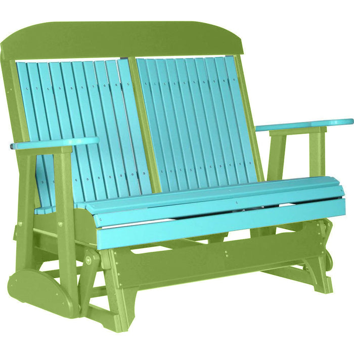 LuxCraft LuxCraft Aruba Blue 4 ft. Recycled Plastic Highback Outdoor Glider Bench With Cup Holder Aruba Blue Lime Green Highback Glider 4CPGABLG