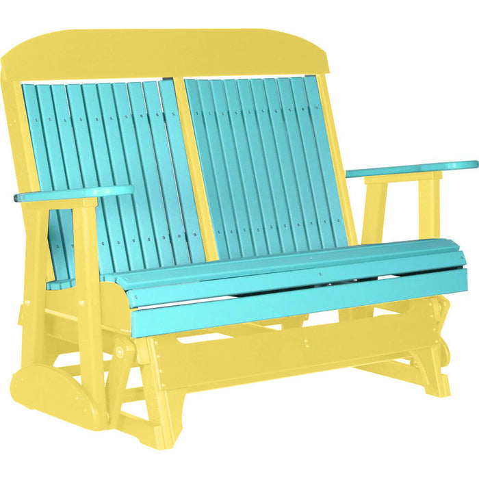 LuxCraft LuxCraft Aruba Blue 4 ft. Recycled Plastic Highback Outdoor Glider Bench With Cup Holder Aruba Blue Yellow Highback Glider 4CPGABY
