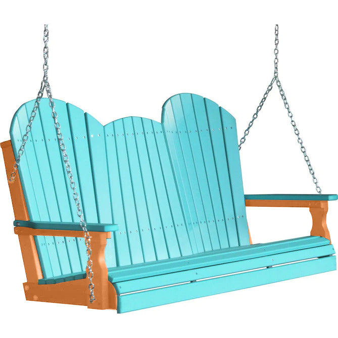LuxCraft LuxCraft Aruba Blue Adirondack 5ft. Recycled Plastic Porch Swing With Cup Holder Aruba Blue on Tangerine / Adirondack Porch Swing Porch Swing 5APSABT-CH