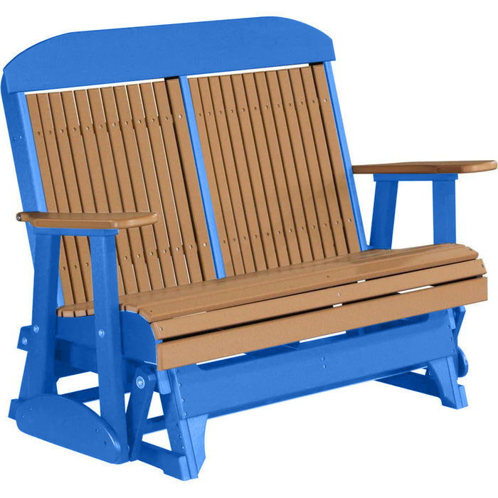 LuxCraft LuxCraft Cedar 4 ft. Recycled Plastic Highback Outdoor Glider Bench With Cup Holder Cedar on Blue Highback Glider 4CPGCBL-CH