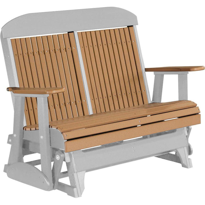LuxCraft LuxCraft Cedar 4 ft. Recycled Plastic Highback Outdoor Glider Bench With Cup Holder Cedar on Dove Gray Highback Glider 4CPGCDG-CH