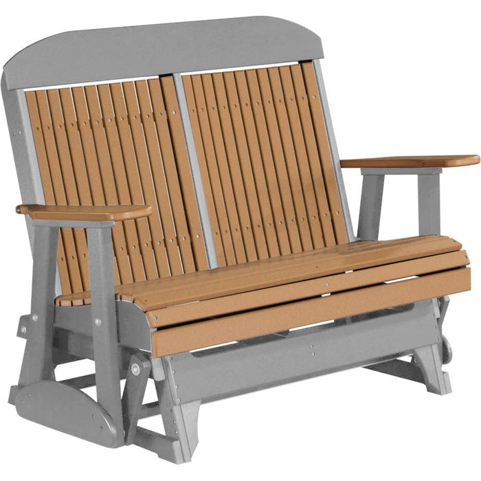 LuxCraft LuxCraft Cedar 4 ft. Recycled Plastic Highback Outdoor Glider Bench With Cup Holder Cedar on Gray Highback Glider 4CPGCGR-CH