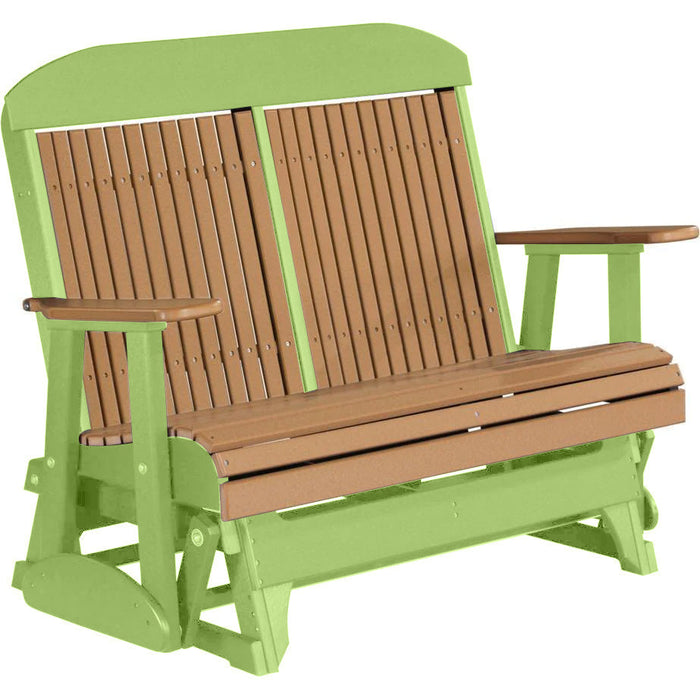 LuxCraft LuxCraft Cedar 4 ft. Recycled Plastic Highback Outdoor Glider Bench With Cup Holder Cedar on Lime Green Highback Glider 4CPGCLG-CH