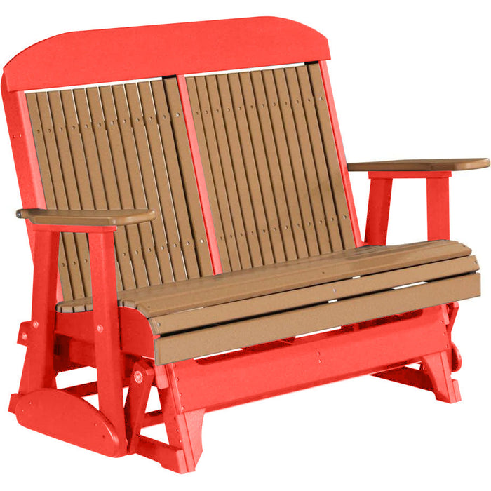 LuxCraft LuxCraft Cedar 4 ft. Recycled Plastic Highback Outdoor Glider Bench With Cup Holder Cedar on Red Highback Glider 4CPGCR-CH