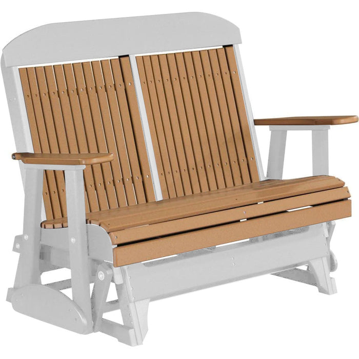 LuxCraft LuxCraft Cedar 4 ft. Recycled Plastic Highback Outdoor Glider Bench With Cup Holder Cedar on White Highback Glider 4CPGCWH-CH