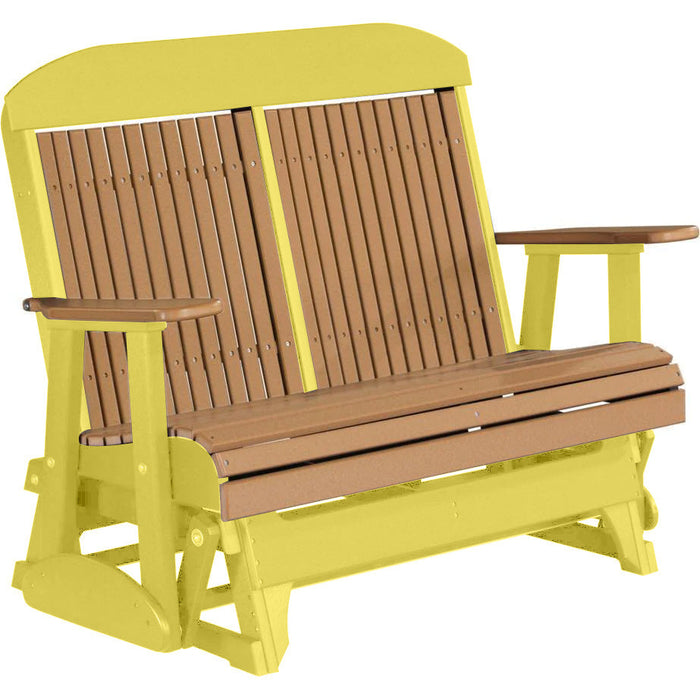 LuxCraft LuxCraft Cedar 4 ft. Recycled Plastic Highback Outdoor Glider Bench With Cup Holder Cedar on Yellow Highback Glider 4CPGCY-CH
