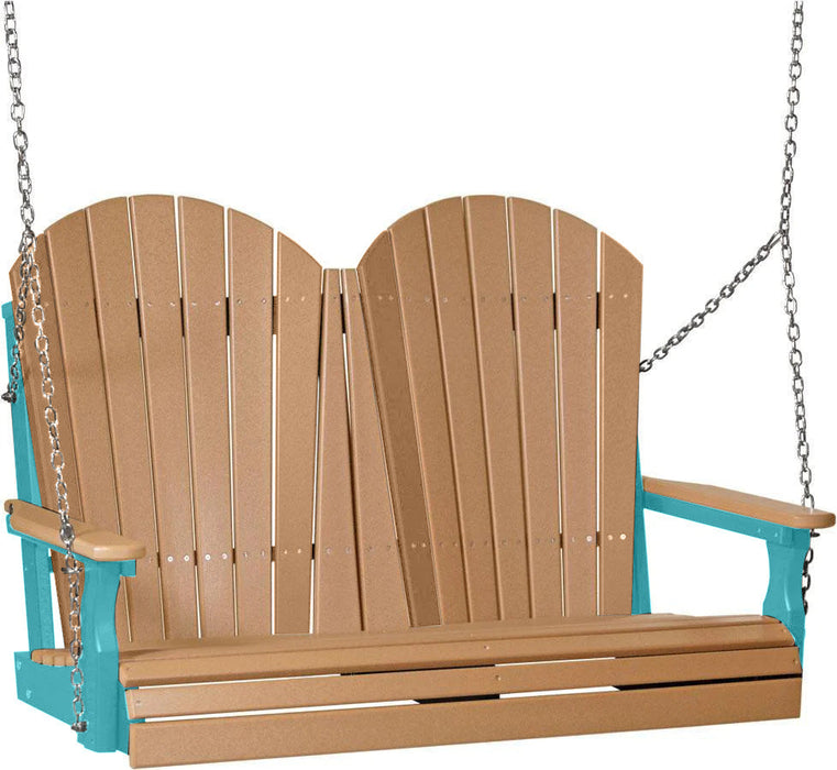 LuxCraft LuxCraft Cedar Adirondack 4ft. Recycled Plastic Porch Swing With Cup Holder Cedar on Aruba Blue / Adirondack Porch Swing Porch Swing 4APSCAB-CH