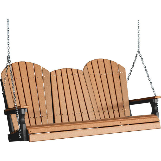 LuxCraft LuxCraft Cedar Adirondack 5ft. Recycled Plastic Porch Swing With Cup Holder Cedar On Black / Adirondack Porch Swing Porch Swing 5APSCB-CH