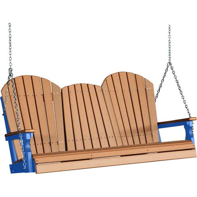LuxCraft LuxCraft Cedar Adirondack 5ft. Recycled Plastic Porch Swing With Cup Holder Cedar on Blue / Adirondack Porch Swing Porch Swing 5APSCBL