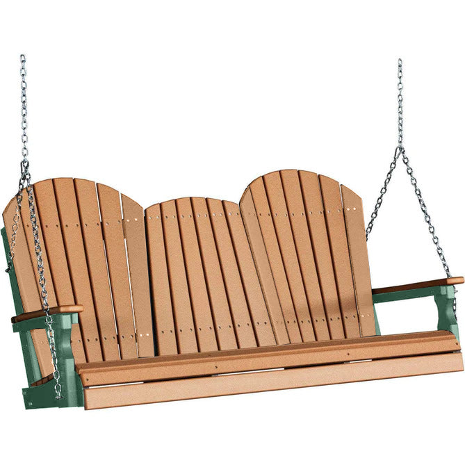 LuxCraft LuxCraft Cedar Adirondack 5ft. Recycled Plastic Porch Swing With Cup Holder Cedar on Green / Adirondack Porch Swing Porch Swing 5APSCG