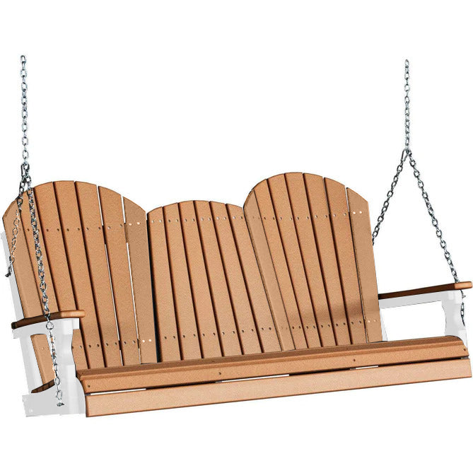LuxCraft LuxCraft Cedar Adirondack 5ft. Recycled Plastic Porch Swing With Cup Holder Cedar on White / Adirondack Porch Swing Porch Swing 5APSCWH-CH