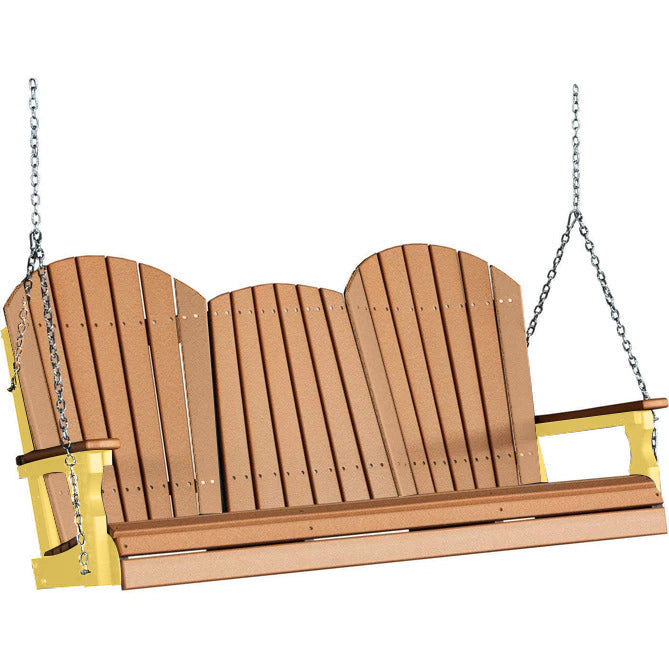 LuxCraft LuxCraft Cedar Adirondack 5ft. Recycled Plastic Porch Swing With Cup Holder Cedar on Yellow / Adirondack Porch Swing Porch Swing 5APSCY