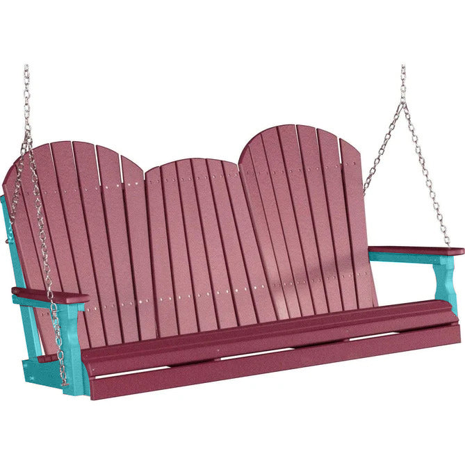 LuxCraft LuxCraft Cherry Adirondack 5ft. Recycled Plastic Porch Swing With Cup Holder Cherrywood on Aruba Blue / Adirondack Porch Swing Porch Swing 5APSCAB