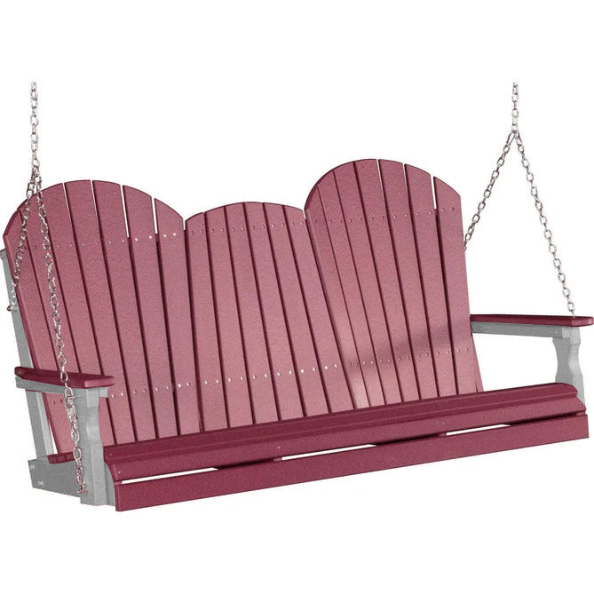 LuxCraft LuxCraft Cherry Adirondack 5ft. Recycled Plastic Porch Swing With Cup Holder Cherrywood on Dove Gray / Adirondack Porch Swing Porch Swing 5APSCDG