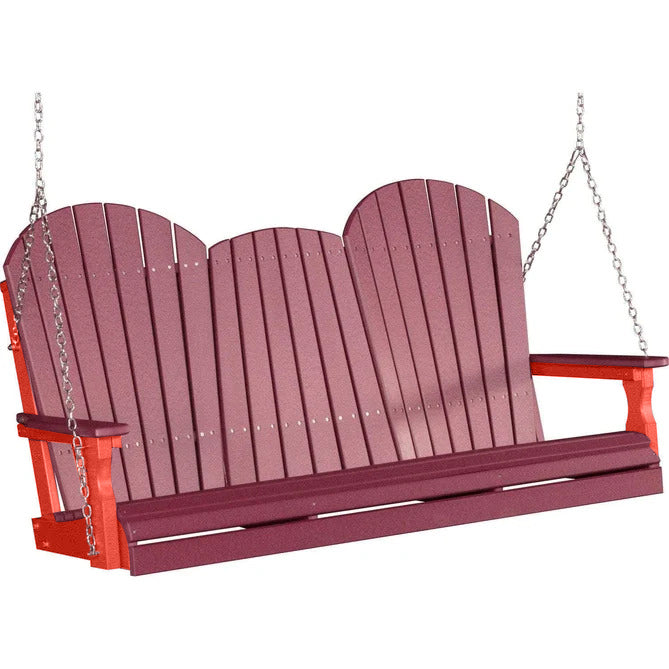 LuxCraft LuxCraft Cherry Adirondack 5ft. Recycled Plastic Porch Swing With Cup Holder Cherrywood on Red / Adirondack Porch Swing Porch Swing