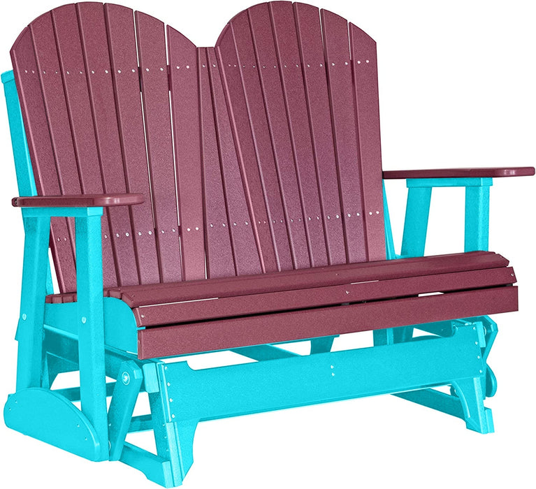 LuxCraft LuxCraft Cherry wood 4 ft. Recycled Plastic Adirondack Outdoor Glider With Cup Holder Cherrywood on Aruba Blue Adirondack Glider 4APGCWAB-CH