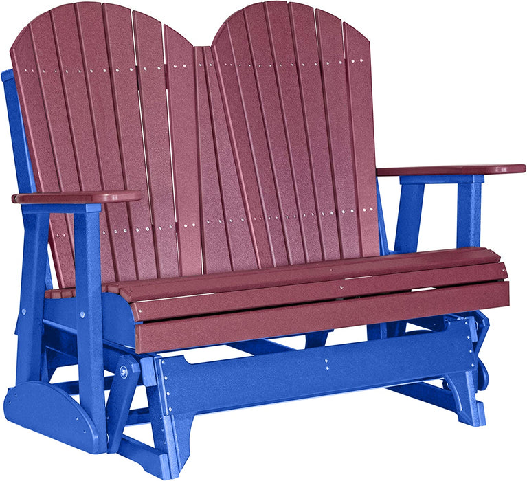LuxCraft LuxCraft Cherry wood 4 ft. Recycled Plastic Adirondack Outdoor Glider With Cup Holder Cherrywood on Blue Adirondack Glider 4APGCWBL-CH