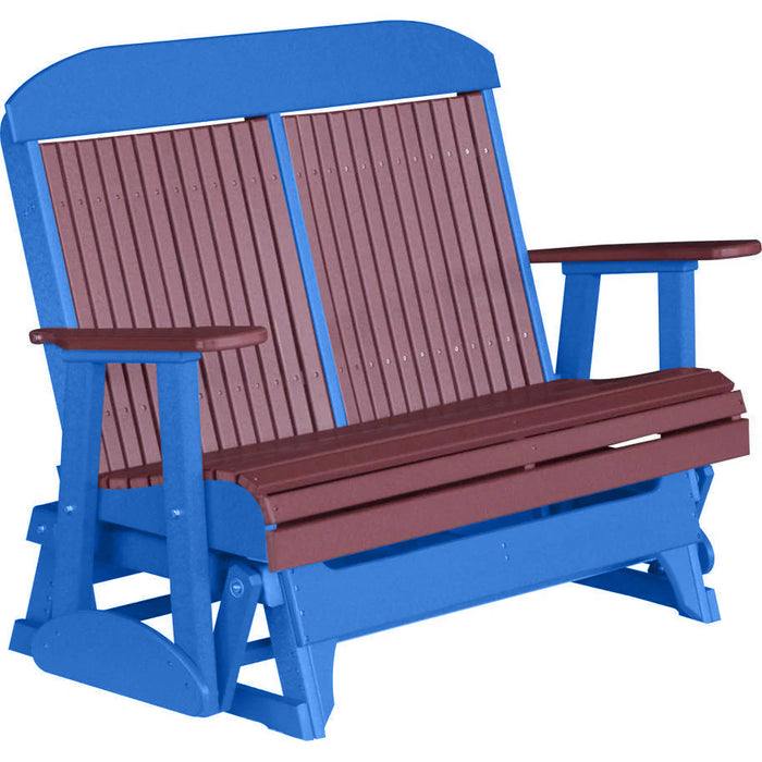 LuxCraft LuxCraft Cherry wood 4 ft. Recycled Plastic Highback Outdoor Glider Bench Cherrywood on Blue Highback Glider 4CPGCWBL
