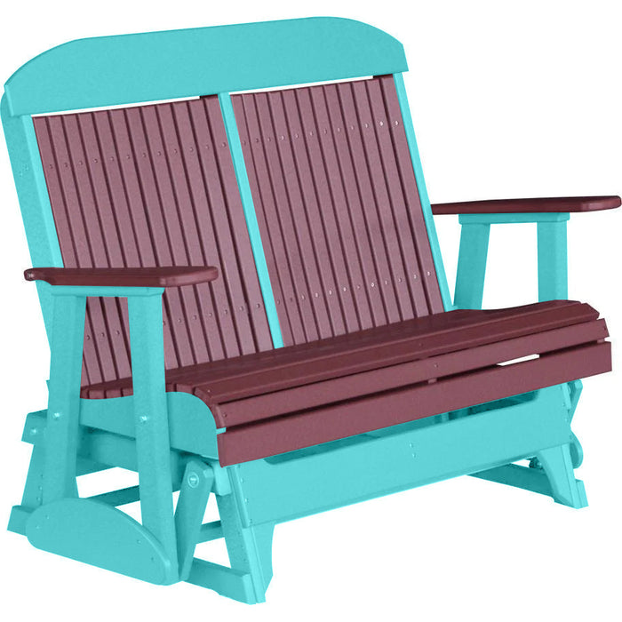 LuxCraft LuxCraft Cherry wood 4 ft. Recycled Plastic Highback Outdoor Glider Bench With Cup Holder Cherrywood on Aruba Blue Highback Glider 4CPGCWAB-CH