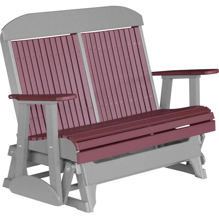 LuxCraft LuxCraft Cherry wood 4 ft. Recycled Plastic Highback Outdoor Glider Bench With Cup Holder Cherrywood on Gray Highback Glider 4CPGCWGR-CH