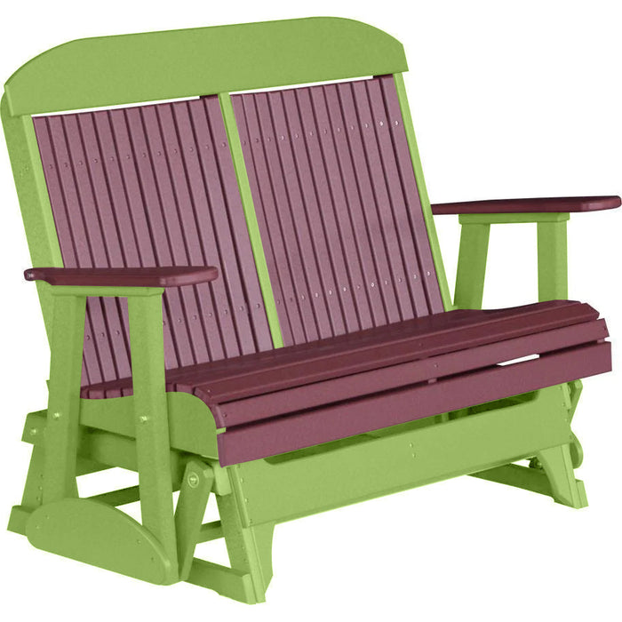 LuxCraft LuxCraft Cherry wood 4 ft. Recycled Plastic Highback Outdoor Glider Bench With Cup Holder Cherrywood on Lime Green Highback Glider 4CPGCWLG-CH