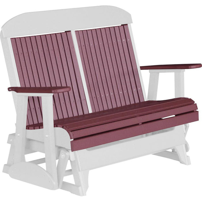 LuxCraft LuxCraft Cherry wood 4 ft. Recycled Plastic Highback Outdoor Glider Bench With Cup Holder Cherrywood on White Highback Glider 4CPGCWWH-CH