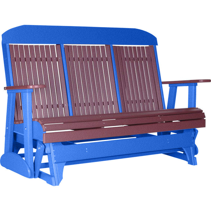 LuxCraft LuxCraft Cherry wood 5 ft. Recycled Plastic Highback Outdoor Glider Cherrywood on Blue Highback Glider 5CPGCWBL