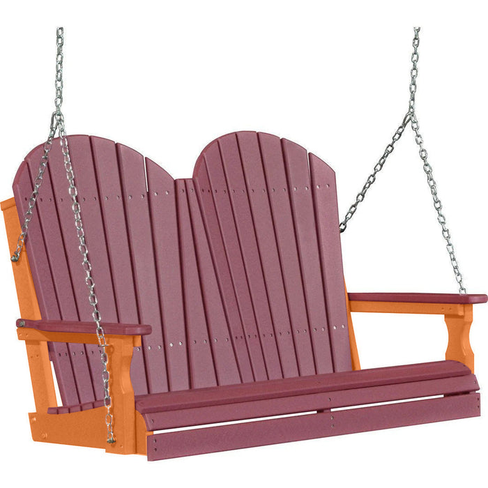 LuxCraft LuxCraft Cherry wood Adirondack 4ft. Recycled Plastic Porch Swing With Cup Holder Cherrywood on Tangerine / Adirondack Porch Swing Porch Swing 4APSCWT-CH