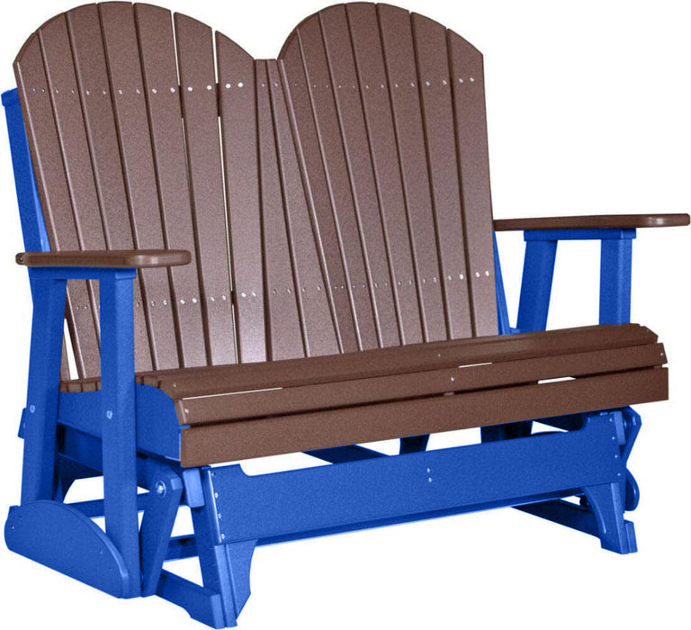 LuxCraft LuxCraft Chestnut Brown 4 ft. Recycled Plastic Adirondack Outdoor Glider With Cup Holder Chestnut Brown on Blue Adirondack Glider 4APGCBRBL-CH