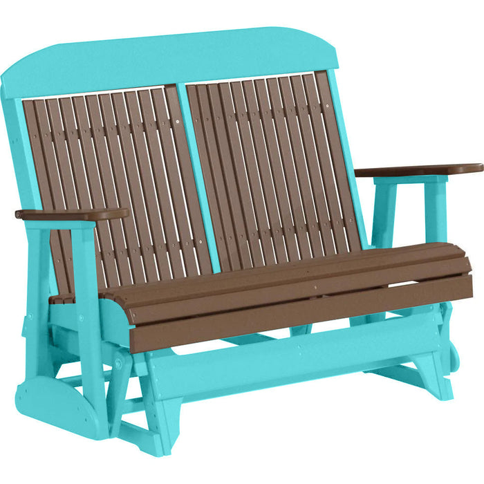 LuxCraft LuxCraft Chestnut Brown 4 ft. Recycled Plastic Highback Outdoor Glider Bench With Cup Holder Chestnut Brown on Aruba Blue Highback Glider 4CPGCBRAB-CH