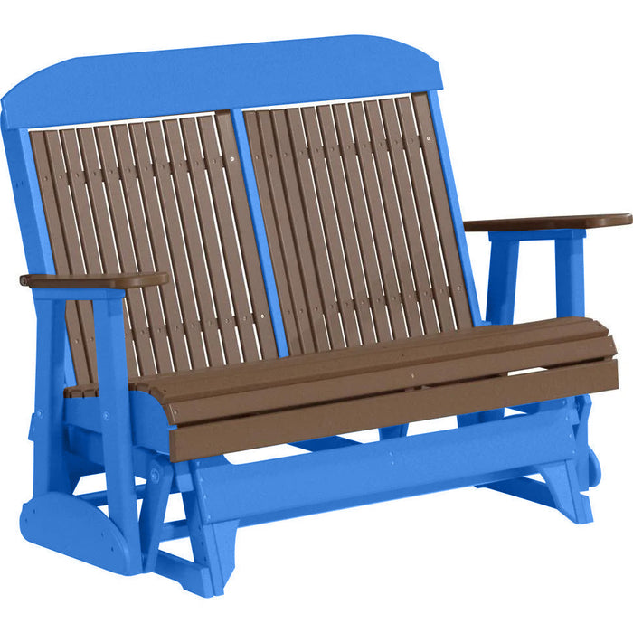 LuxCraft LuxCraft Chestnut Brown 4 ft. Recycled Plastic Highback Outdoor Glider Bench With Cup Holder Chestnut Brown on Blue Highback Glider 4CPGCBRBL-CH