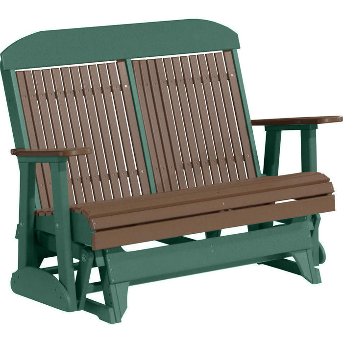 LuxCraft LuxCraft Chestnut Brown 4 ft. Recycled Plastic Highback Outdoor Glider Bench With Cup Holder Chestnut Brown on Green Highback Glider 4CPGCBRG-CH