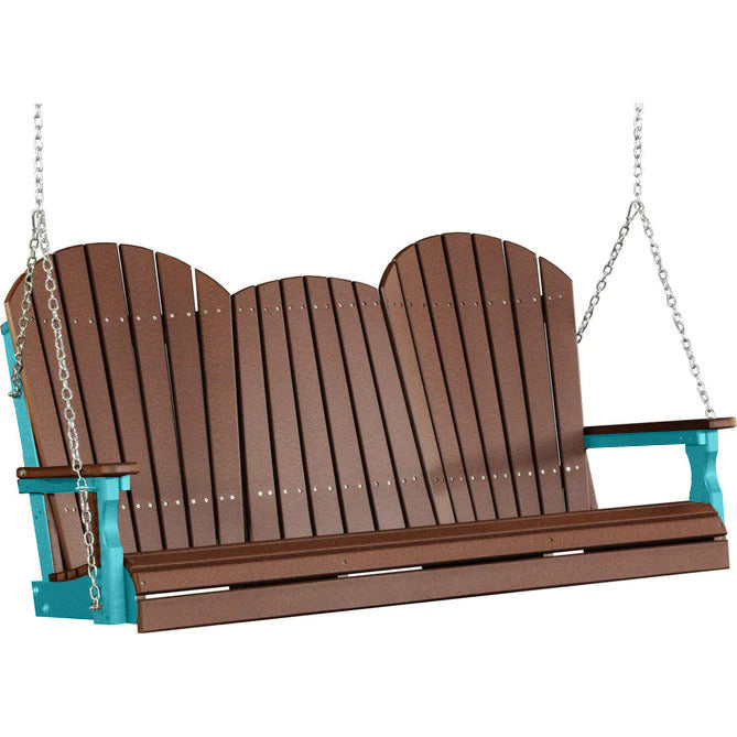 LuxCraft LuxCraft Chestnut Brown Adirondack 5ft. Recycled Plastic Porch Swing With Cup Holder Chestnut Brown on Aruba Blue / Adirondack Porch Swing Porch Swing