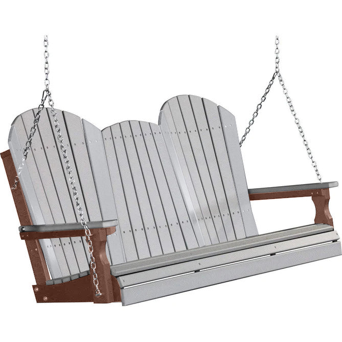 LuxCraft LuxCraft Dove Gray Adirondack 5ft. Recycled Plastic Porch Swing With Cup Holder Dove Gray on Chestnut / Adirondack Porch Swing Porch Swing 5APSDGCH-CH