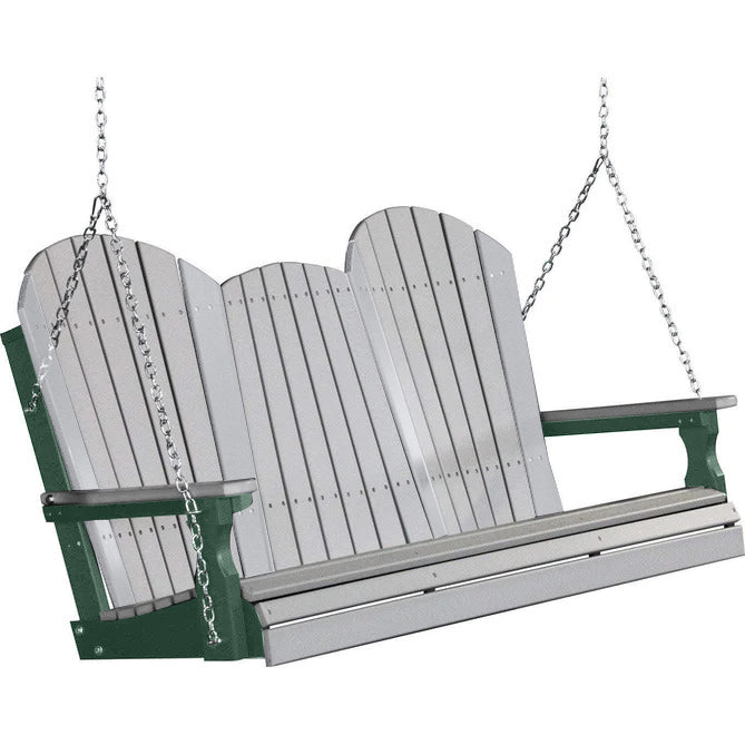 LuxCraft LuxCraft Dove Gray Adirondack 5ft. Recycled Plastic Porch Swing With Cup Holder Dove Gray on Green / Adirondack Porch Swing Porch Swing 5APSDGG-CH