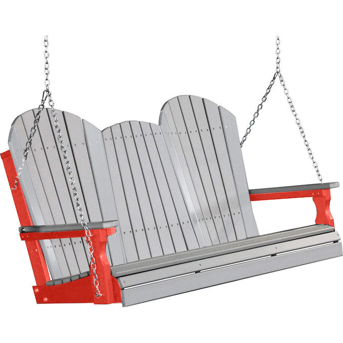 LuxCraft LuxCraft Dove Gray Adirondack 5ft. Recycled Plastic Porch Swing With Cup Holder Dove Gray on Red / Adirondack Porch Swing Porch Swing 5APSDGR-CH